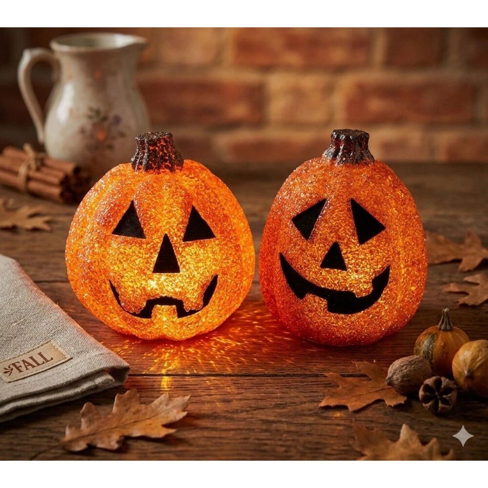 Seasons Orange Melted Plastic Popcorn Pumpkin Set Lighted Vintage Halloween Vtg